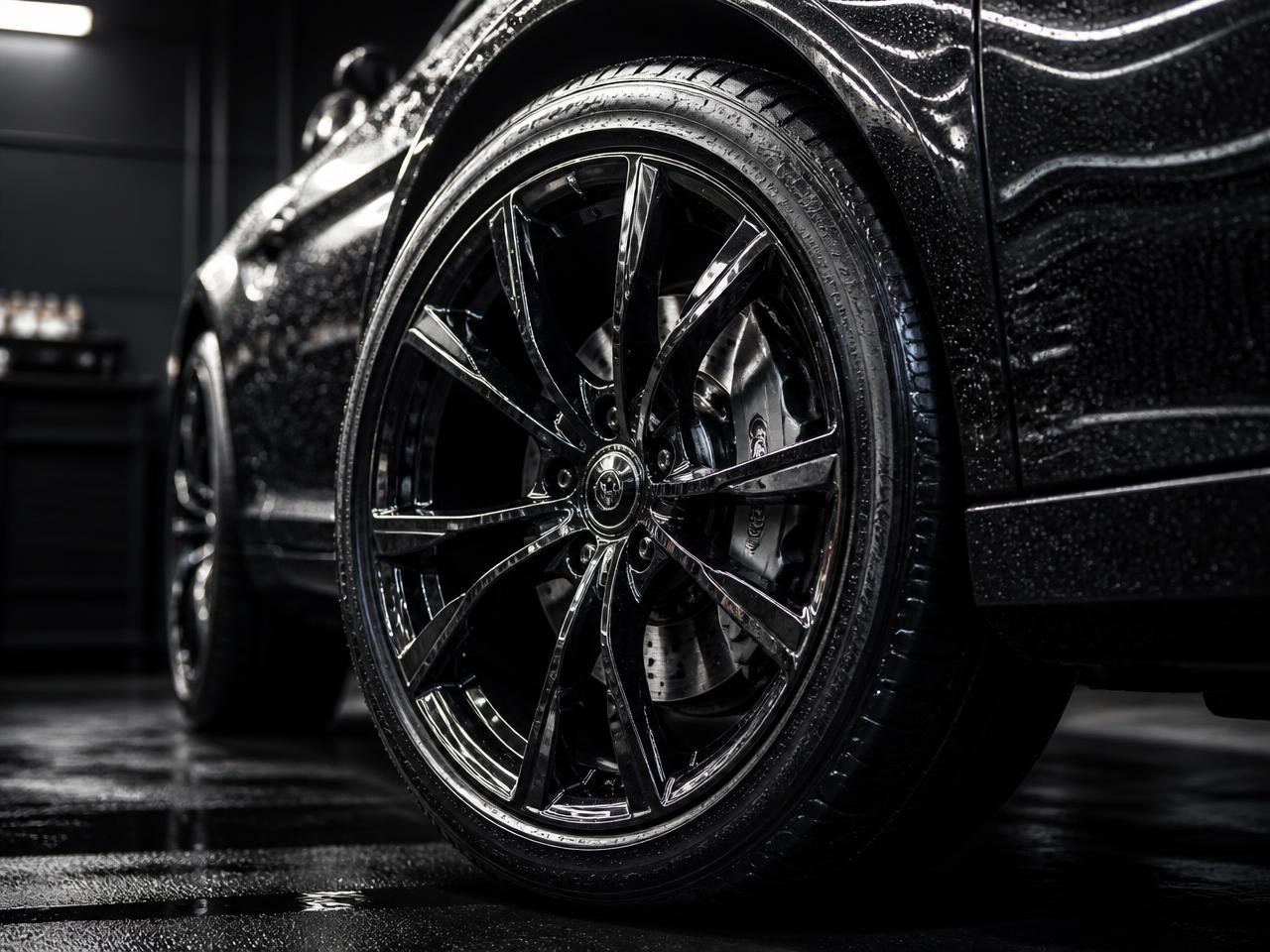 Glossy detailed wheel and tire with water beading on clean paint